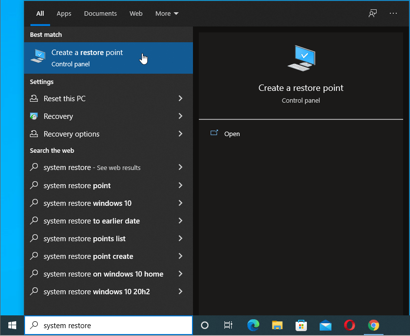Click Create a restore point.