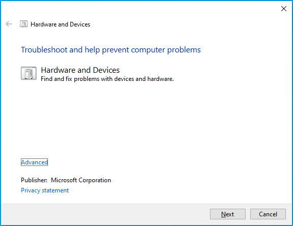 Run the Hardware and Devices Troubleshooter.