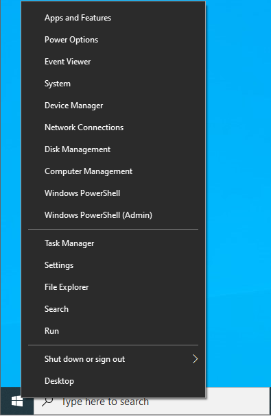 Right-click the Windows Start menu icon.