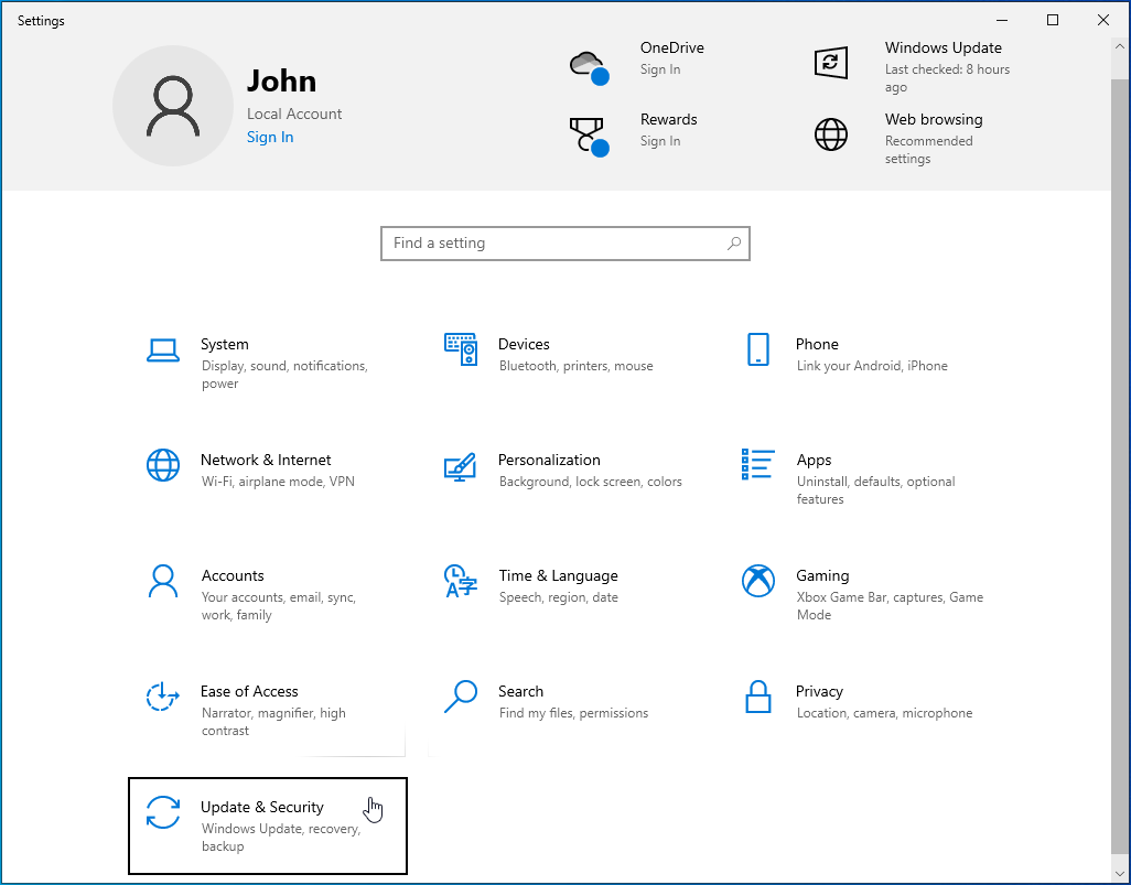 Click the Update & Security option.