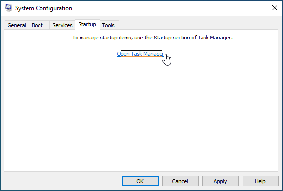 Navigate to the Startup tab and click Open Task Manager.