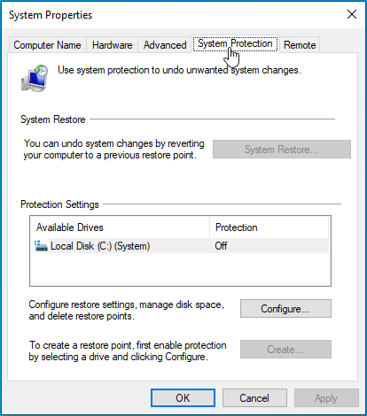 Go to System Protection.