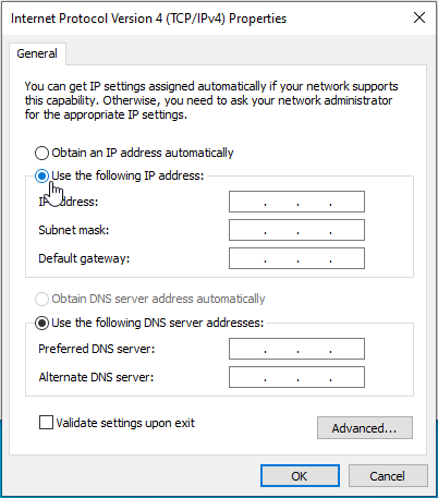Click the “Use the following IP address” option.