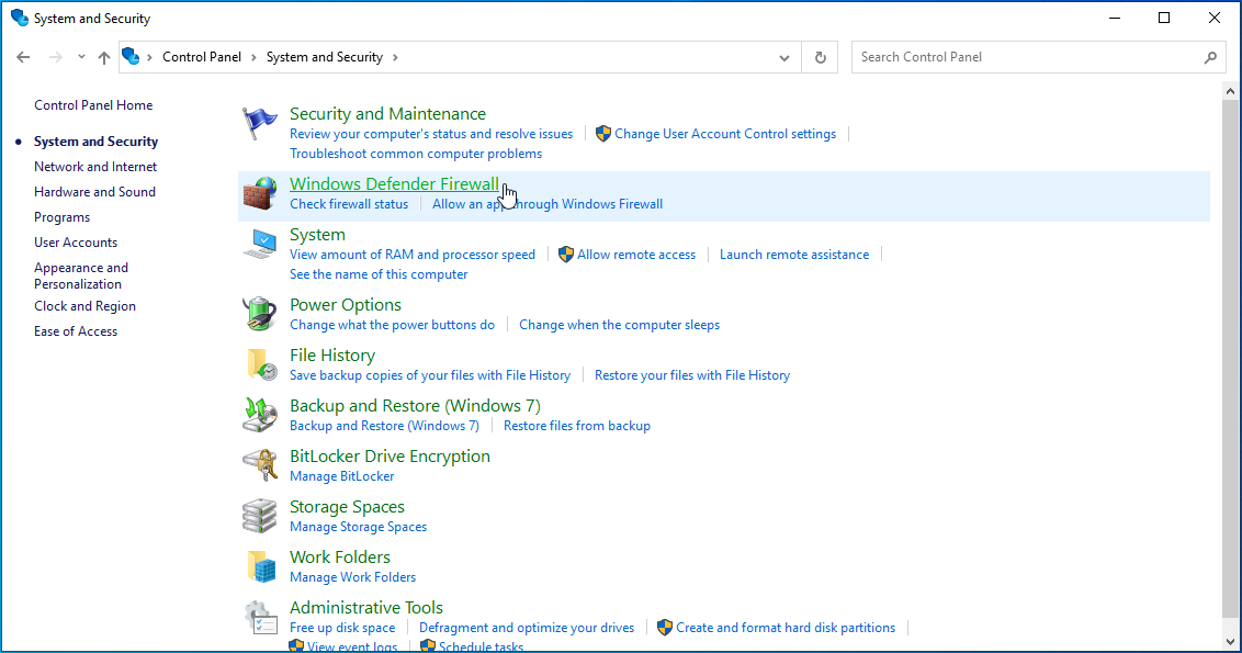 Open Windows Defender Firewall.