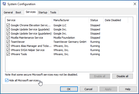Select the <em>Hide all Microsoft services</em> option