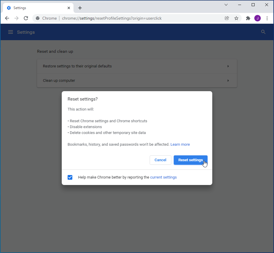 Click Reset Settings.