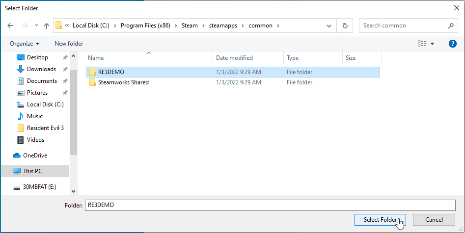 Go to the Resident Evil 3 folder and select it.