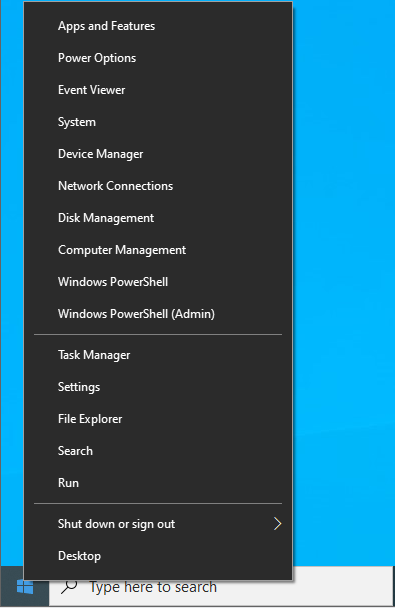 Go to your taskbar, then right-click the Windows icon.