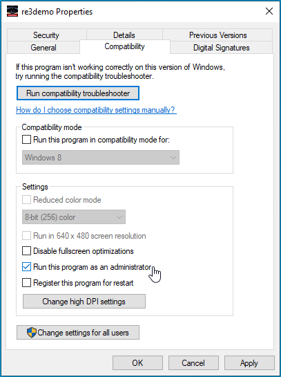 Check “Run this program as an administrator.”