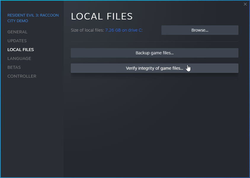 Click on the VERIFY INTEGRITY OF GAME FILES button.