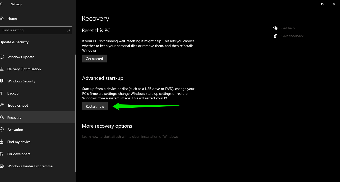 Head to the Advanced start-up section and select Restart now.