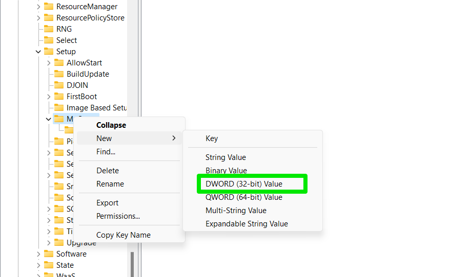 Now, right-click the MoSetup key and select New > DWORD (32-bit) Value.