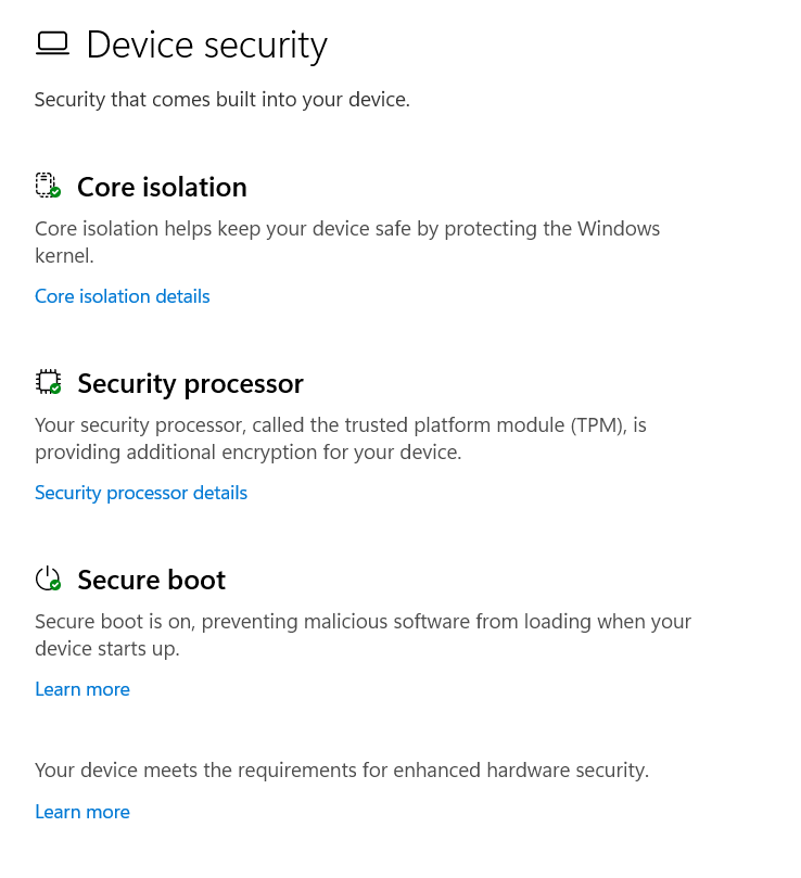 Once the Device security interface within Windows Security opens, you’ll see sections such as Security processor and Secure boot.