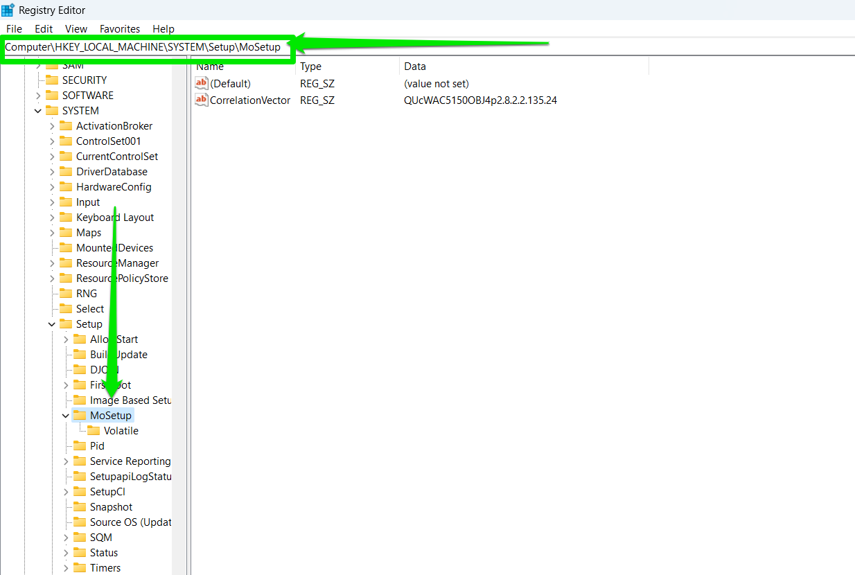 If you don’t see the MoSetup key, right-click Setup under SYSTEM and select New > Key and rename the new key to MoSetup.