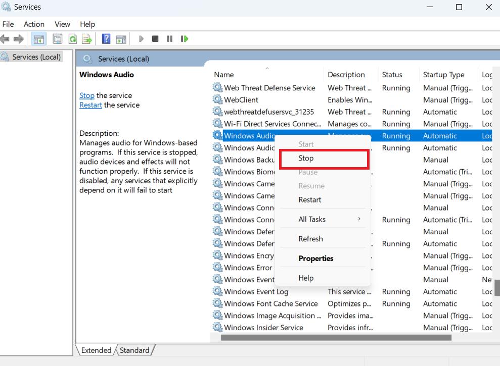 Stopping Windows audio