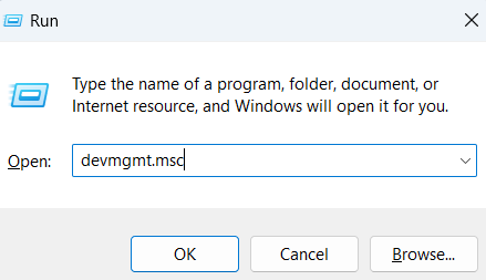 Opening device manager via Run dialog box.