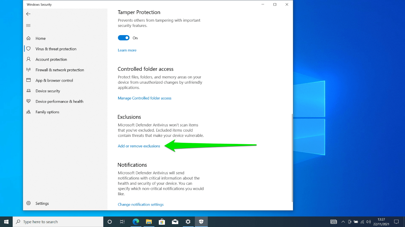 When the Settings interface opens, go to the Exclusions section and select “Add or remove exclusions”