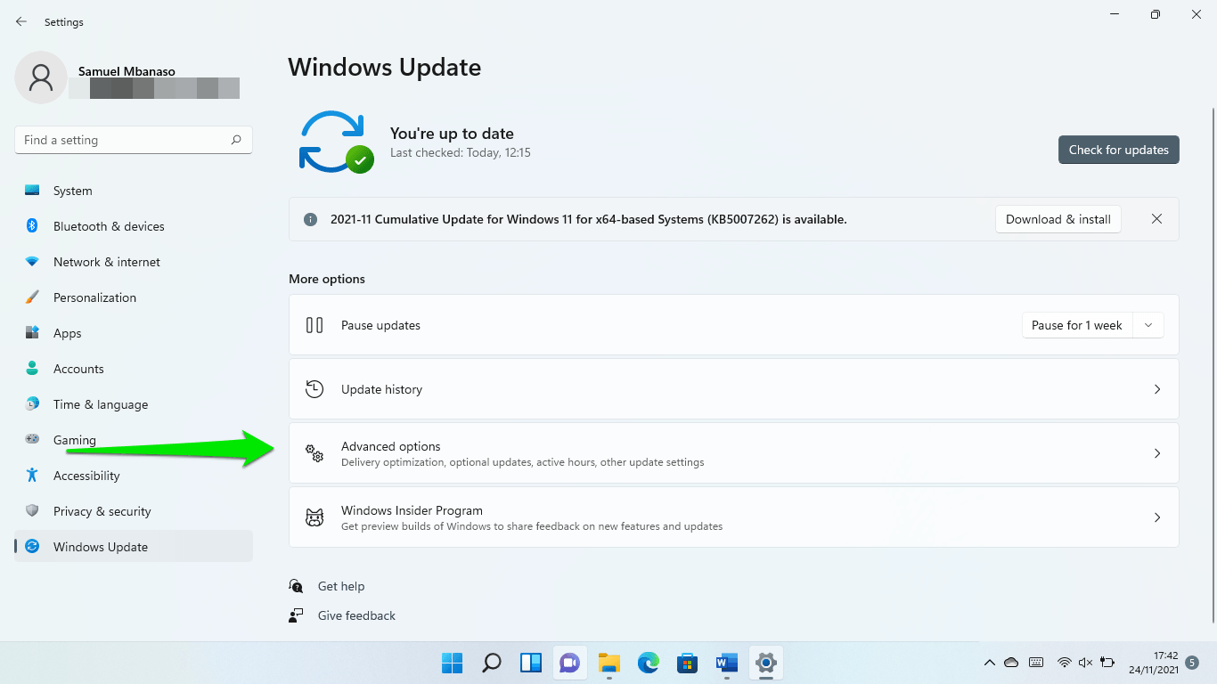 Return to the Windows Update page and click on Advanced Options