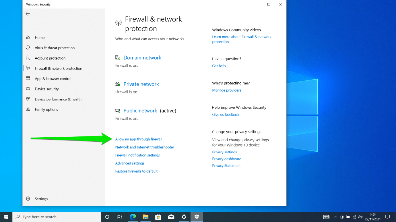 Click on “Allow an app through firewall”