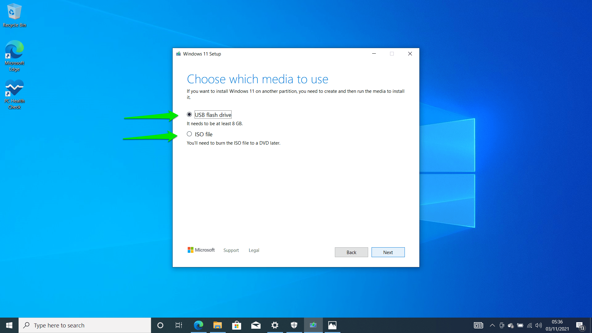 Choose media to install Windows 11