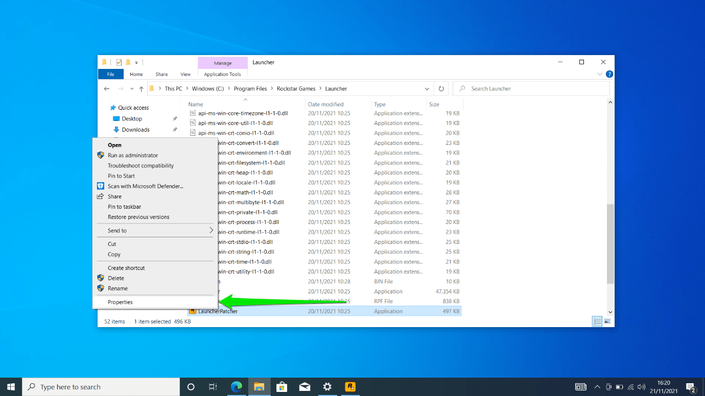 Right-click on the LauncherPatcher application and select Properties
