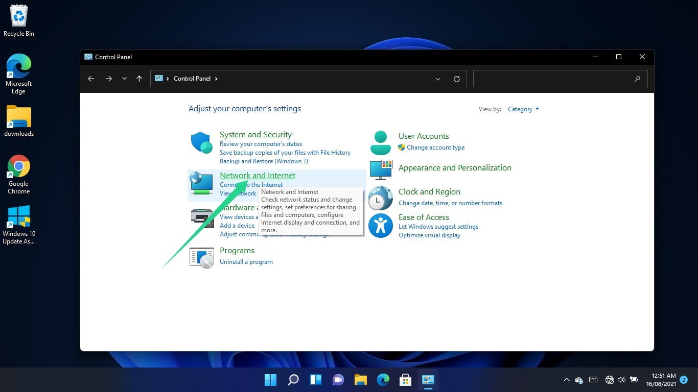 Click on the Network and Internet link when the Control Panel window opens