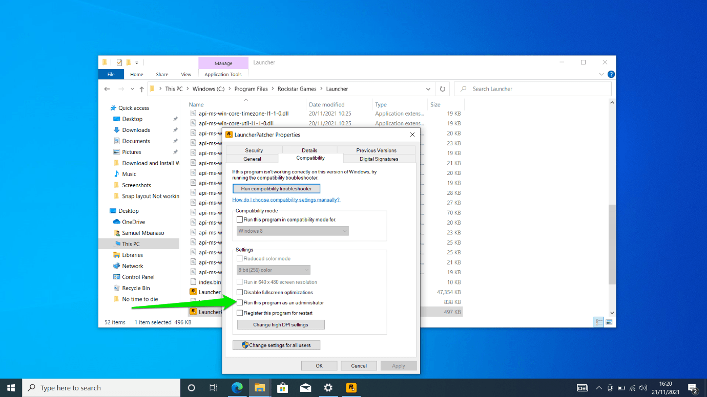 5. Switch to the Compatibility tab after the LauncherPatcher Properties dialog opens