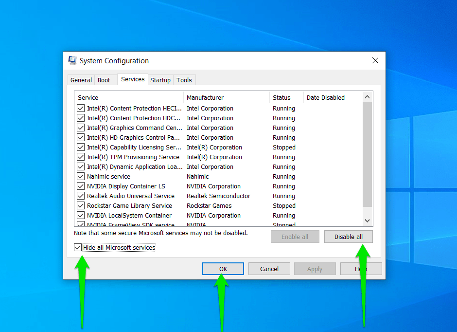 Disable startup services through the System Configuration dialog window