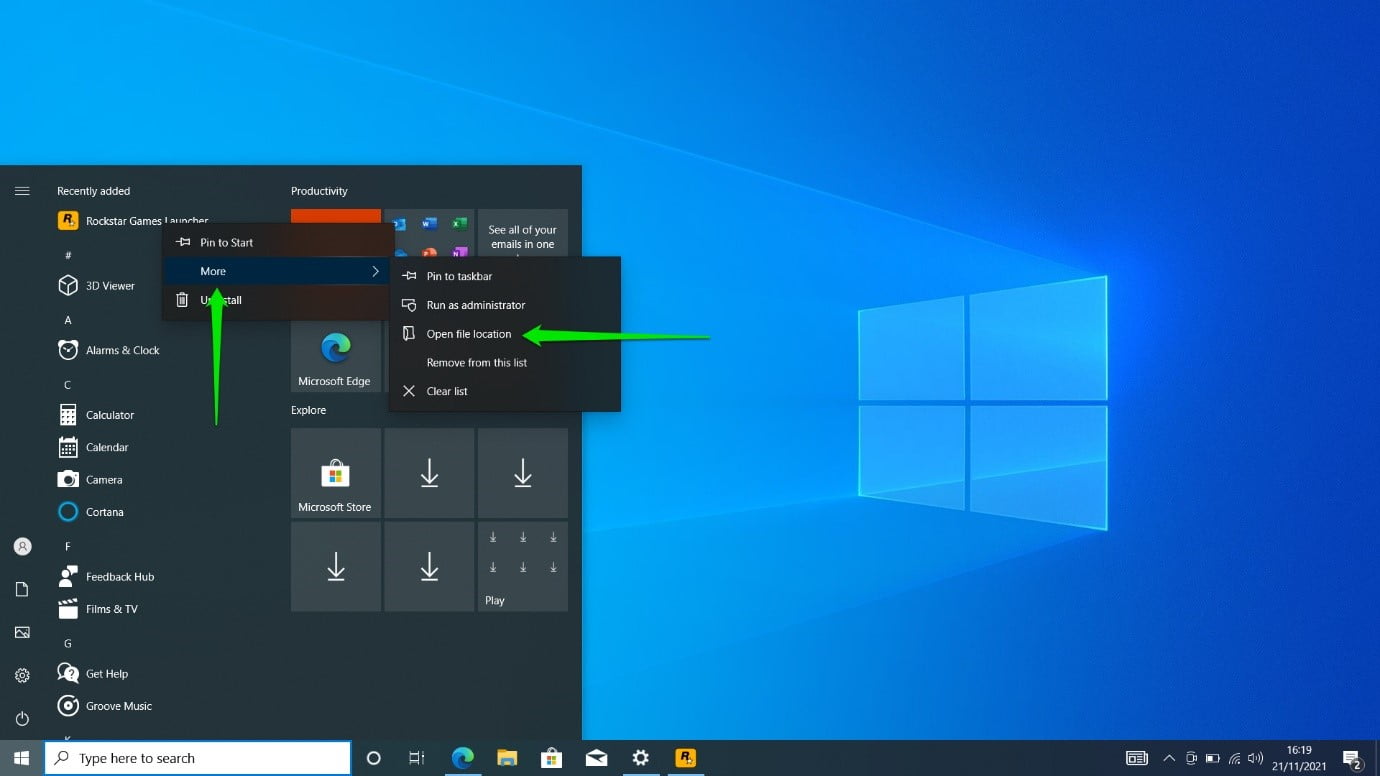 Open the Start menu, search for the Rockstar Games Launcher, and right-click it