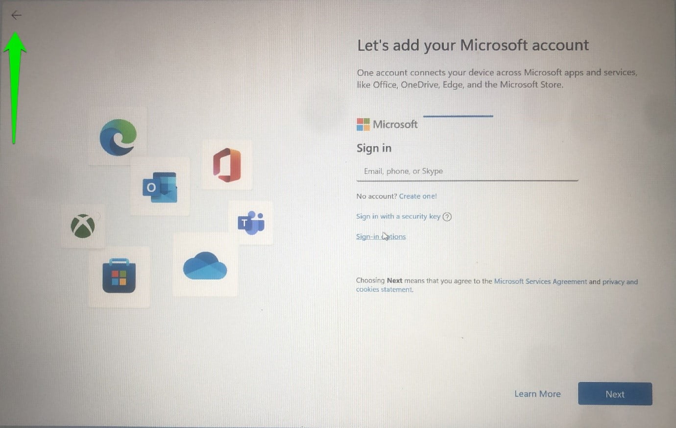 When you get to the “Let’s add your Microsoft account” page, click on the back arrow in the top-left corner