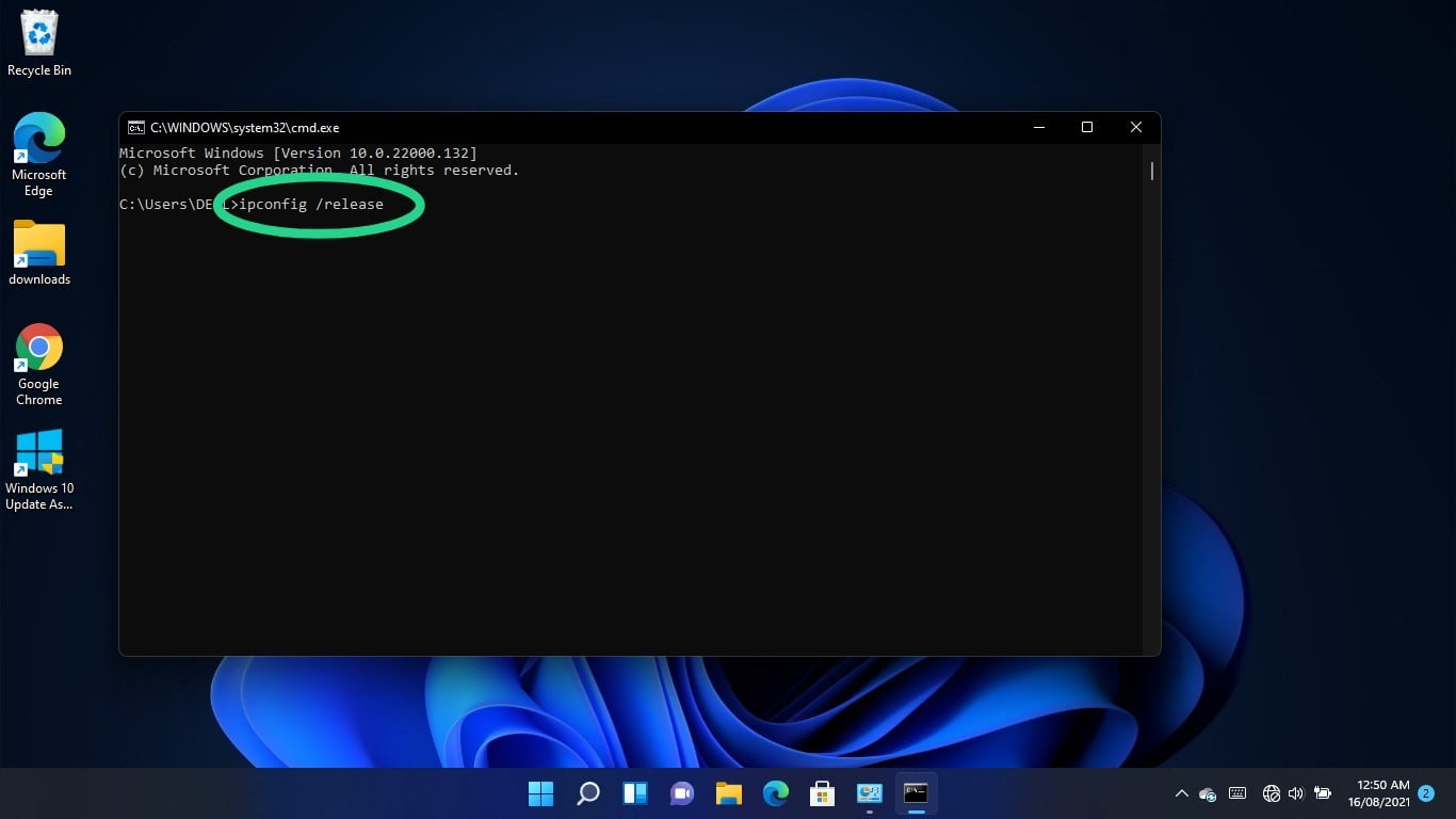 After the Command Prompt window shows up, type "ipconfig /release"