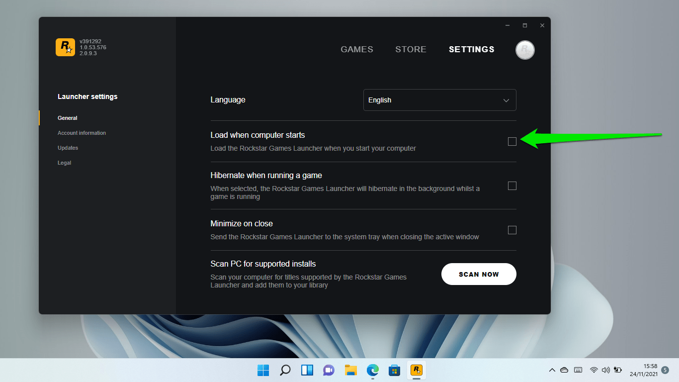 Uncheck the “Load when computer starts” option on the Settings page