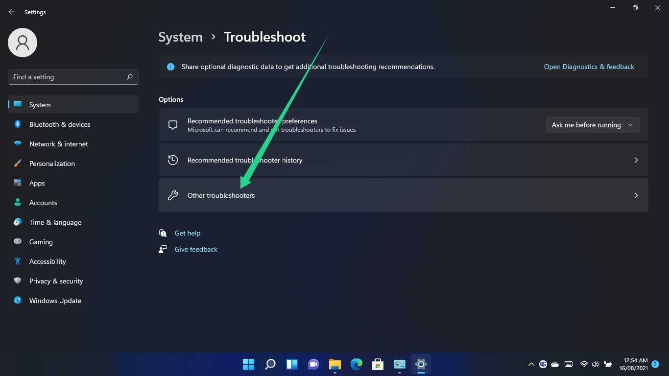Once you get to the System > Troubleshoot page, click on Other Troubleshooters