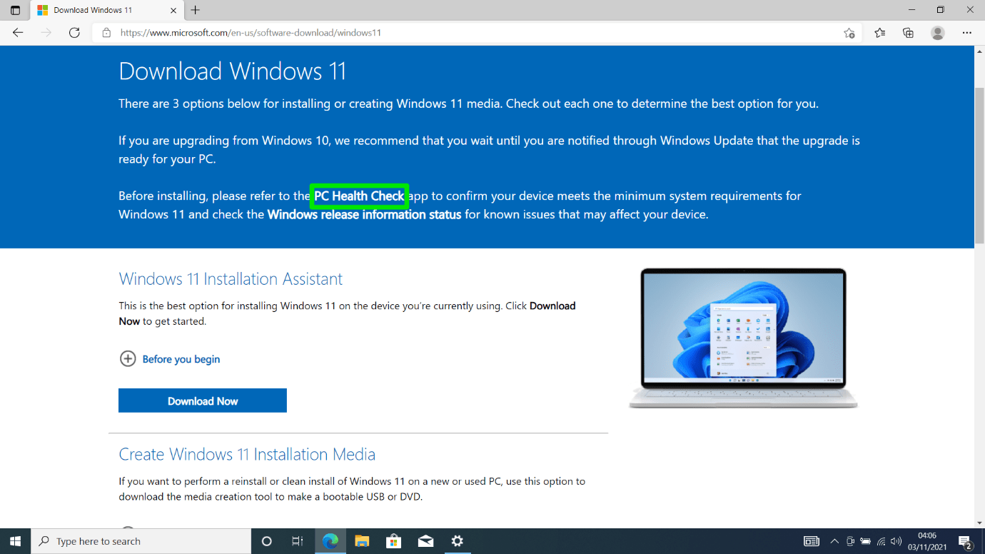 PC Health Check on the Windows 11 download page