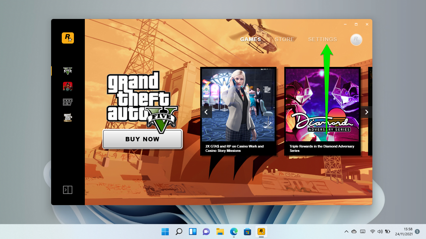 Open the Rockstar Games Launcher and select Settings in the window’s top-right corner