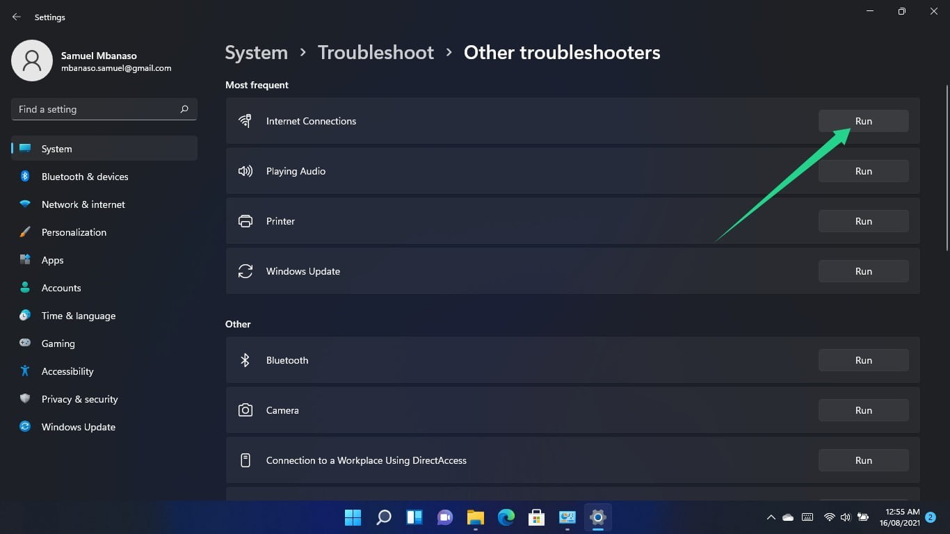 Scroll to Internet Connections and click on the Run button