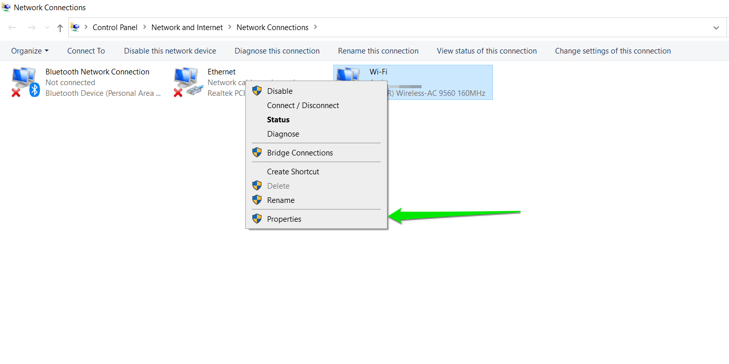 Right-click on your network card and click on Properties