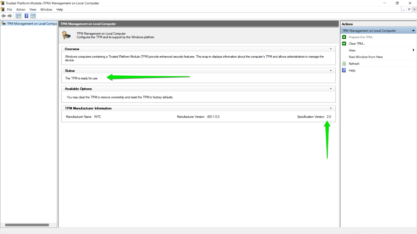Now, expand the Status section to check whether TPM is ready for use.