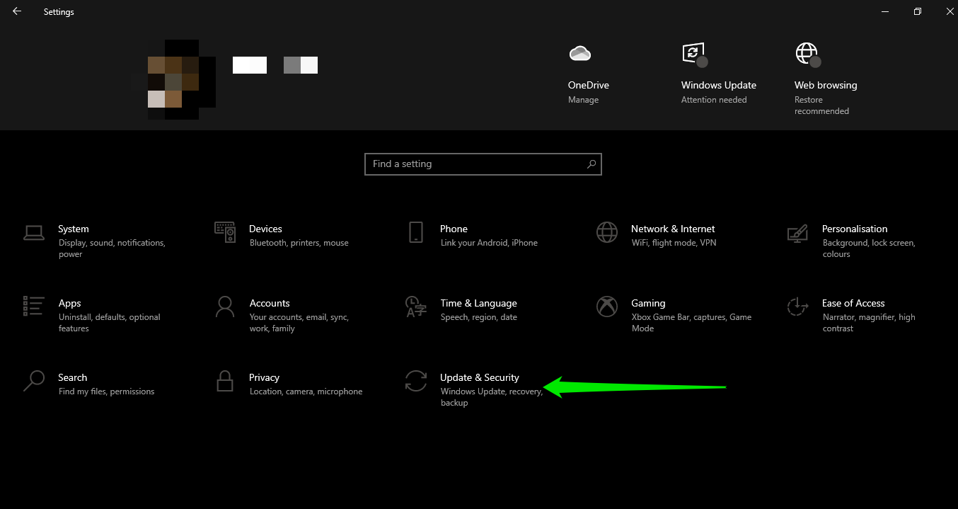After the window jumps out, go to the bottom and select Update & Security.