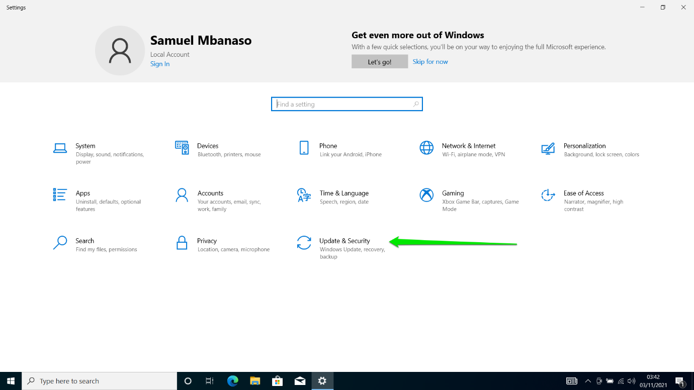 Select Update & Security on the first screen of the Settings window