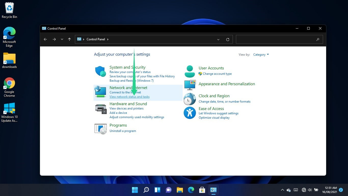 Click on the "View network status and tasks" link under Network and Internet as soon as the Control Panel window shows up