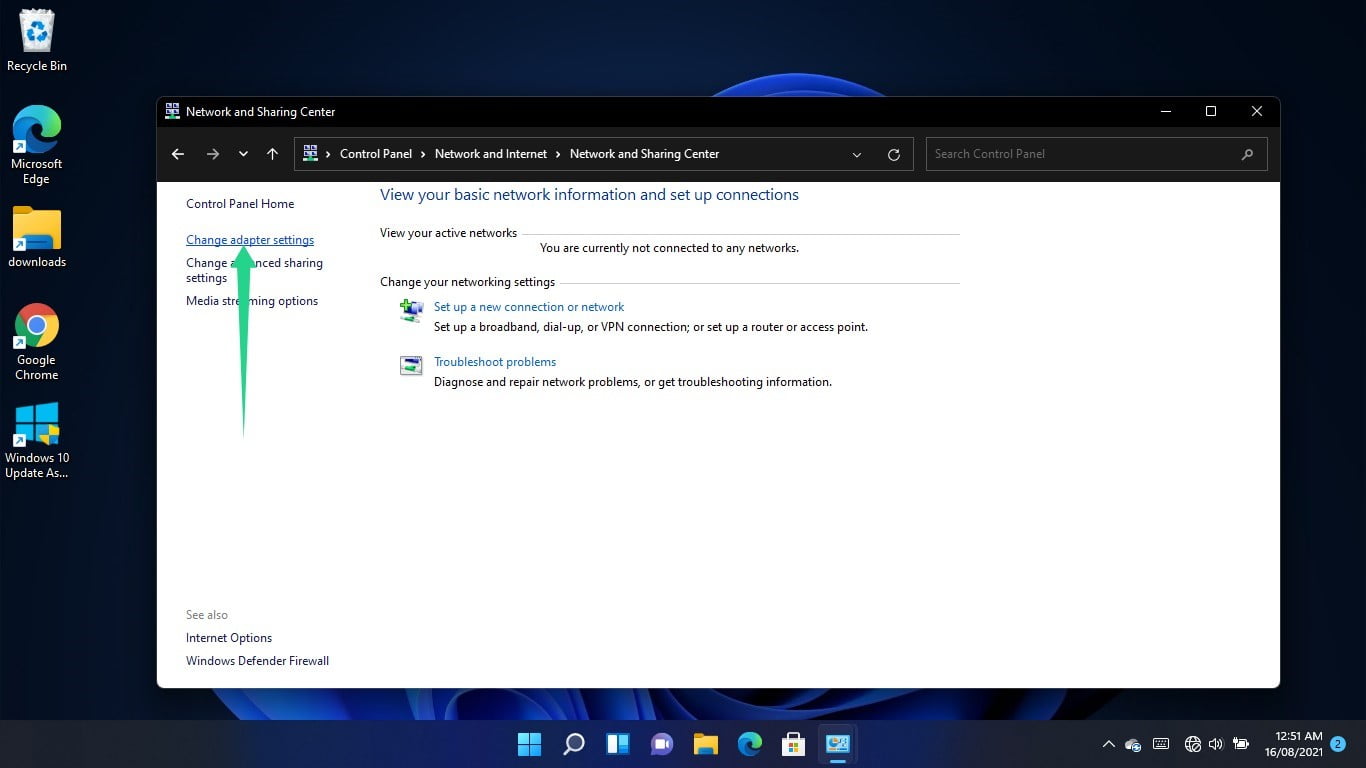 Switch to the Network and Sharing Center’s left pane and select "Change adapter settings."