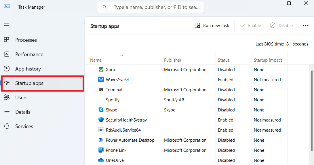 Startup apps disable