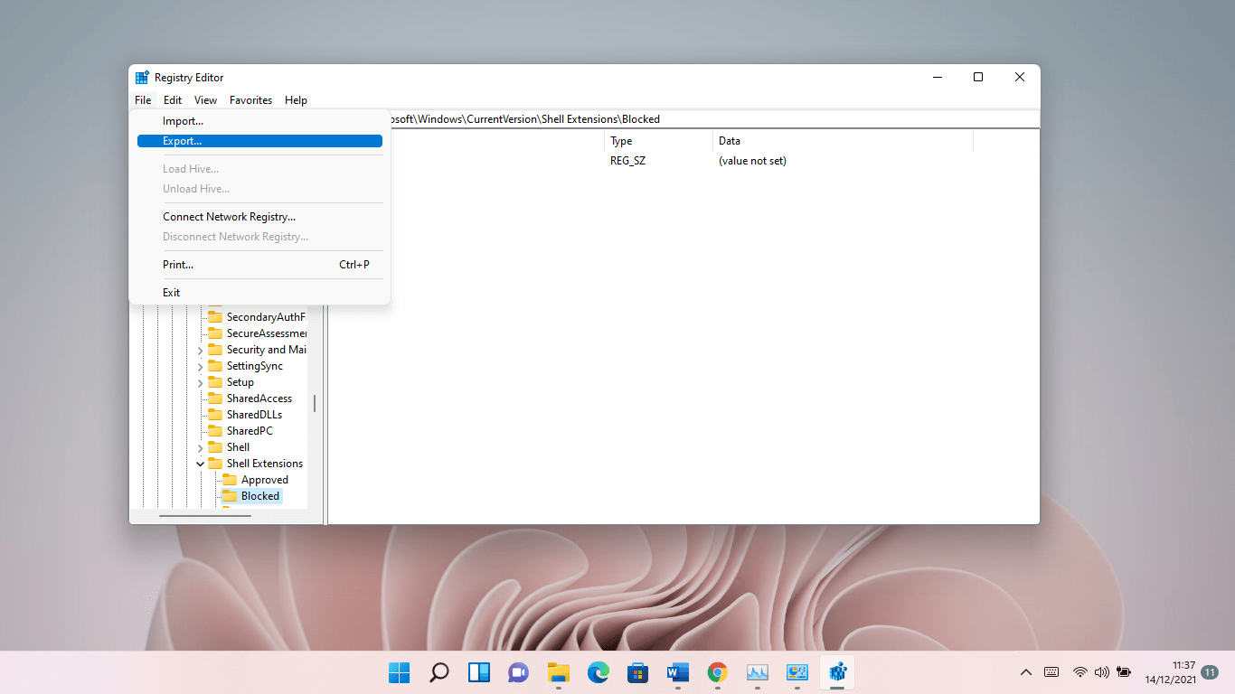Choose File Export from Windows 11 Registry Editor