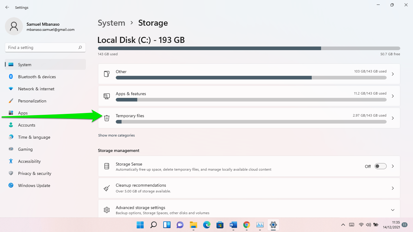 Click on Temporary Files in Windows 11 Storage