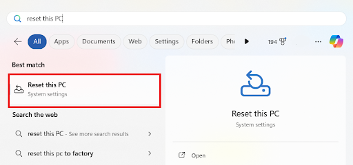 Type Reset This PC