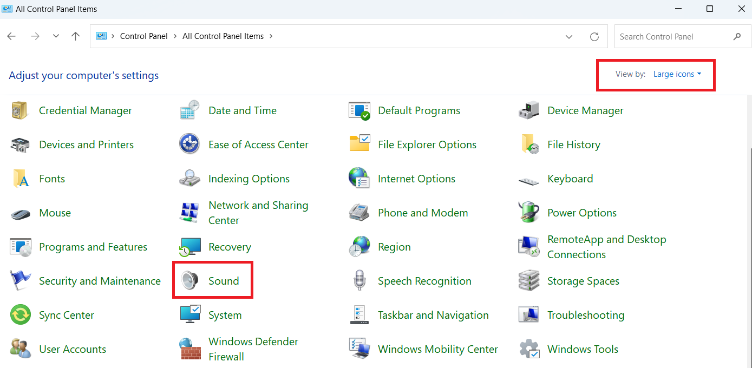 Clicking on Sound in control panel