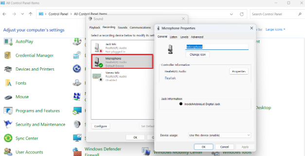 Opening microphone properties in control panel