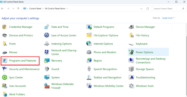 selecting the Programs and Features option in control panel