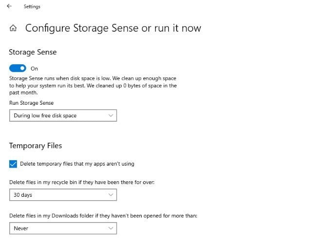 Μπορείτε επίσης να ρυθμίσετε ένα εργαλείο γνωστό ως Sense Storage για να σας βοηθήσει να απαλλαγείτε από προσωρινά αρχεία όταν ο υπολογιστής σας συσσωρεύει πολλά από αυτά